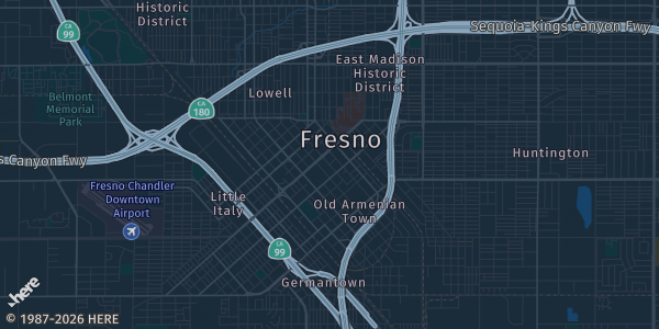 Map of Fresno, CA. The exact address of CPDES Hall is not known, so the map shows the area rather than a specific building.