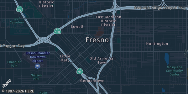 Map of Fresno, CA. The exact address of CPDES Hall is not known, so the map shows the area rather than a specific building.