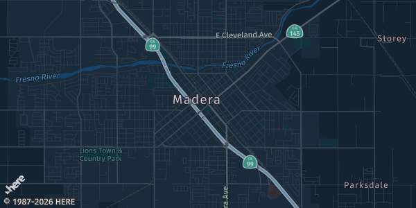 Map of Madera, CA. The exact address of Elks Lodge is not known, so the map shows the area rather than a specific building.