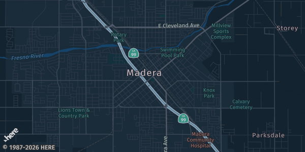Map of Madera, CA. The exact address of Elks Lodge is not known, so the map shows the area rather than a specific building.