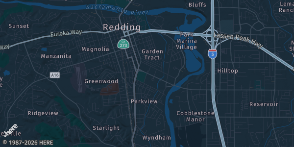 Map of Redding, CA. The exact address of Veterans Memorial Hall is not known, so the map shows the area rather than a specific building.