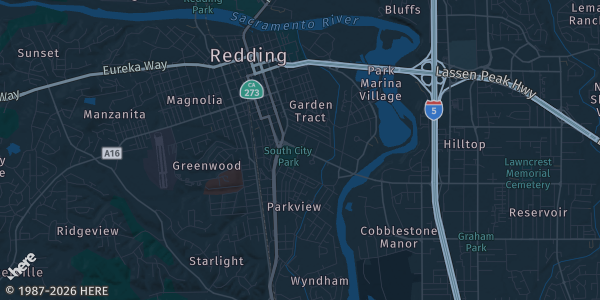 Map of Redding, CA. The exact address of Veterans Memorial Hall is not known, so the map shows the area rather than a specific building.