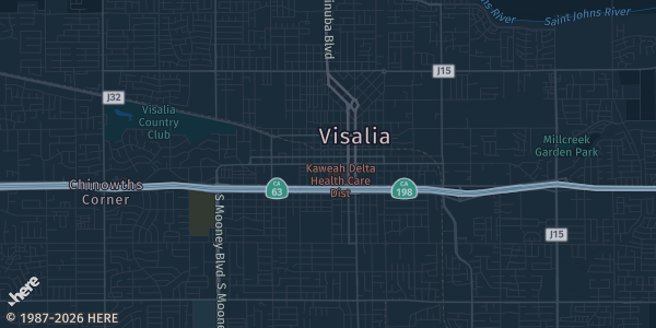 Map of Visalia, CA. The exact address of PPAV Hall is not known, so the map shows the area rather than a specific building.