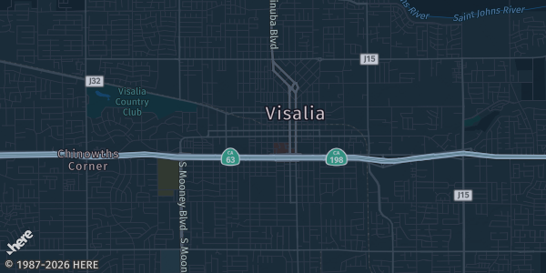 Map of Visalia, CA. The exact address of PPAV Hall is not known, so the map shows the area rather than a specific building.