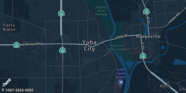 Map of Yuba City, CA. The exact address of Yuba County Memorial Hall is not known, so the map shows the area rather than a specific building.