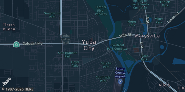 Map of Yuba City, CA. The exact address of Yuba County Memorial Hall is not known, so the map shows the area rather than a specific building.