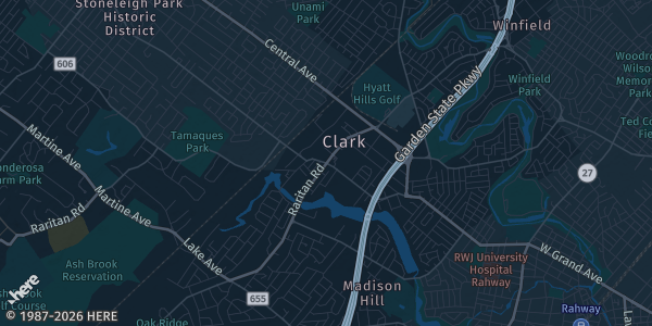 Map of Clark, NJ. The exact address of Clark Recreation Center is not known, so the map shows the area rather than a specific building.
