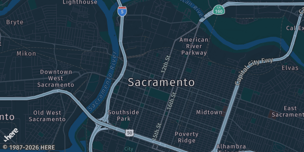 Map of Sacramento, CA. The exact address of SPHSS Portuguese Hall is not known, so the map shows the area rather than a specific building.