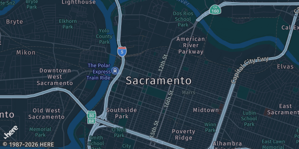Map of Sacramento, CA. The exact address of SPHSS Portuguese Hall is not known, so the map shows the area rather than a specific building.
