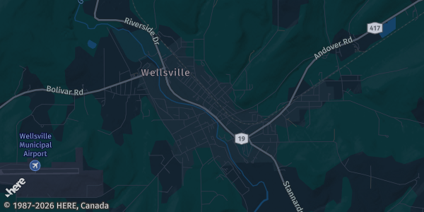 Map of Wellsville, NY. The exact address of Wellsville American Legion is not known, so the map shows the area rather than a specific building.
