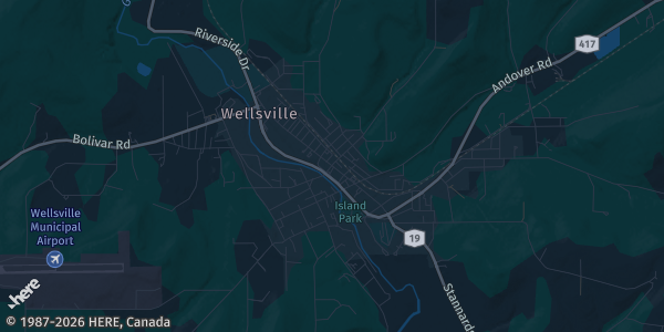 Map of Wellsville, NY. The exact address of Wellsville American Legion is not known, so the map shows the area rather than a specific building.