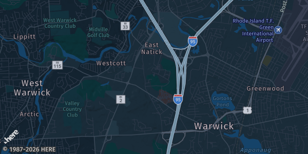 Map of Warwick, RI. The exact address of Allsport Collectibles Back To School Spectacular Sports Card and Collectibles Show is not known, so the map shows the area rather than a specific building.