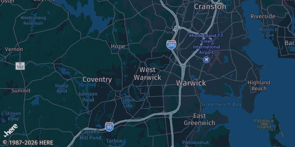 Map of West Warwick, RI. The exact address of Thomas A. Lamb Memorial Field House is not known, so the map shows the area rather than a specific building.
