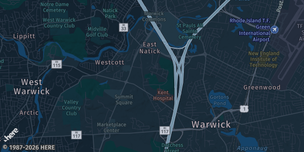 Map of Warwick, RI. The exact address of Community College of Rhode Island is not known, so the map shows the area rather than a specific building.