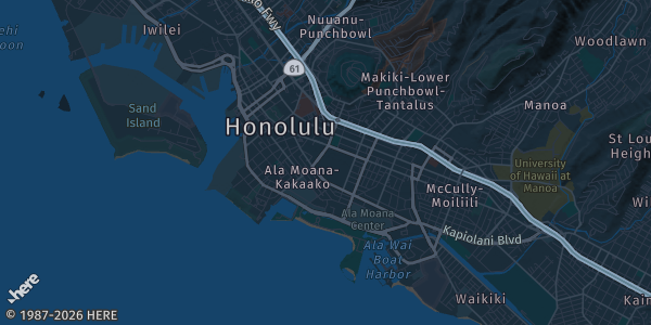 Map of Honolulu, HI. The exact address of Aloha Card Show is not known, so the map shows the area rather than a specific building.