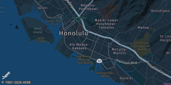 Map of Honolulu, HI. The exact address of Aloha Card Show is not known, so the map shows the area rather than a specific building.