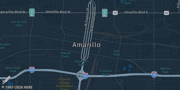 Map of Amarillo, TX. The exact address of Amarillo Civic Center is not known, so the map shows the area rather than a specific building.