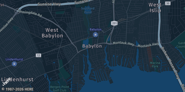 Map of Babylon, NY. The exact address of 22 Grove Place is not known, so the map shows the area rather than a specific building.