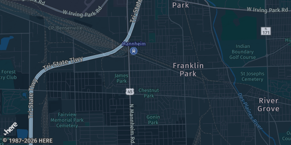 Map of Franklin Park, IL. The exact address of American Legion Post 974 is not known, so the map shows the area rather than a specific building.