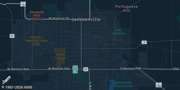 Map of Jacksonville, IL. The exact address of Amvets Post 100 is not known, so the map shows the area rather than a specific building.