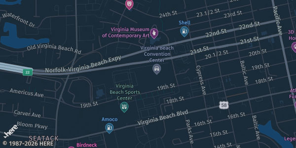 Map of Virginia Beach, VA. The exact address of Virginia Beach Convention Center is not known, so the map shows the area rather than a specific building.