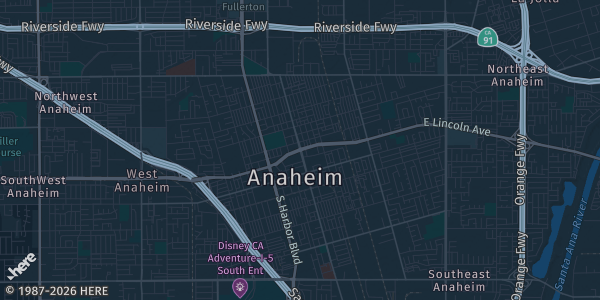 Map of Anaheim, CA. The exact address of Anaheim Marketplace Banquet room is not known, so the map shows the area rather than a specific building.