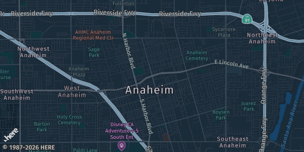 Map of Anaheim, CA. The exact address of Anaheim Marketplace Banquet room is not known, so the map shows the area rather than a specific building.