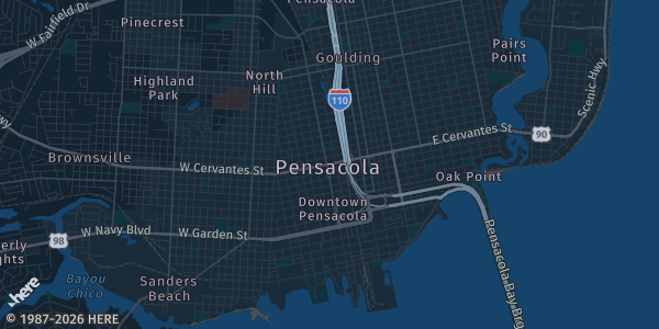 Map of Pensacola, FL. The exact address of VFW Post 706 is not known, so the map shows the area rather than a specific building.