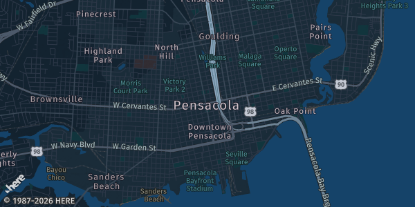 Map of Pensacola, FL. The exact address of VFW Post 706 is not known, so the map shows the area rather than a specific building.