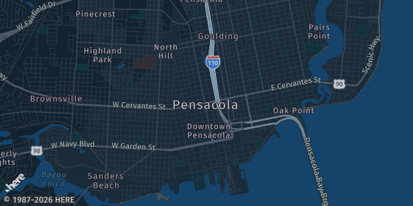 Map of Pensacola, FL. The exact address of VFW Post 706 is not known, so the map shows the area rather than a specific building.