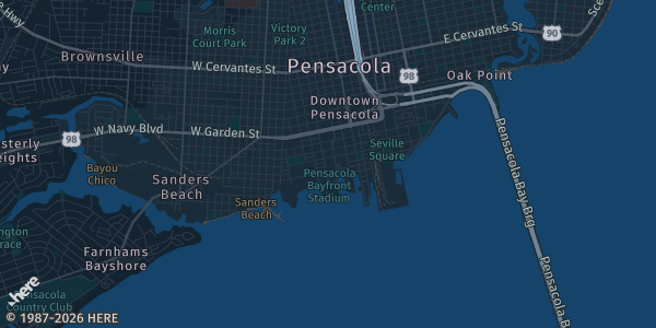 Map of Pensacola, FL. The exact address of Emerald Fortress is not known, so the map shows the area rather than a specific building.