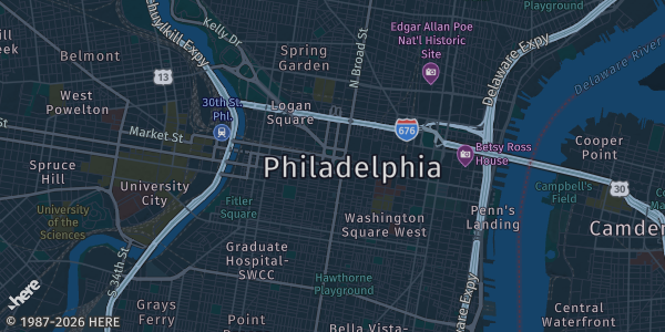 Map of Philadelphia, PA. The exact address of Animate! Philadelphia is not known, so the map shows the area rather than a specific building.