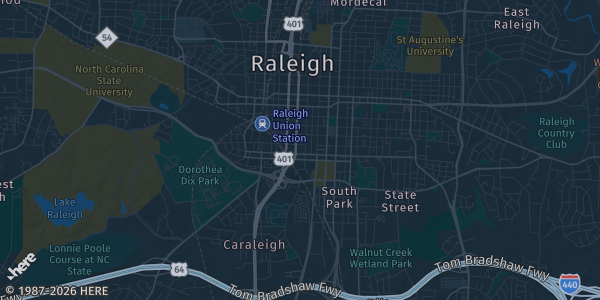 Map of Raleigh, NC. The exact address of Raleigh Convention Center is not known, so the map shows the area rather than a specific building.
