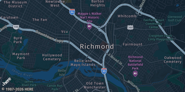 Map of Richmond, VA. The exact address of Animate! x Nightmare Weekend Richmond is not known, so the map shows the area rather than a specific building.