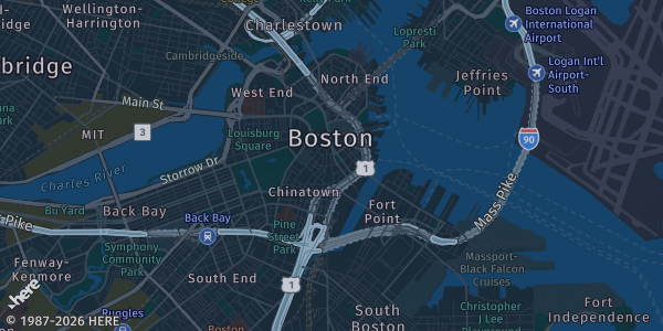 Map of Boston, MA. The exact address of Hynes Convention Center is not known, so the map shows the area rather than a specific building.