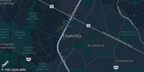 Map of Chantilly, VA. The exact address of Westfields Marriott Washington Dulles is not known, so the map shows the area rather than a specific building.