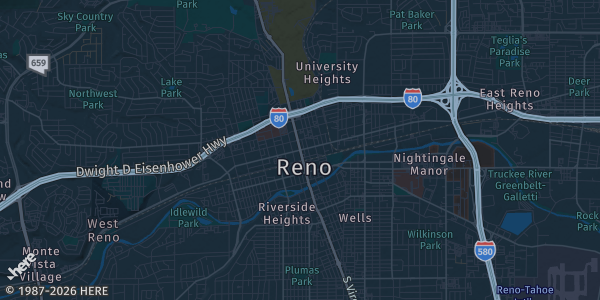 Map of Reno, NV. The exact address of Reno Events Center is not known, so the map shows the area rather than a specific building.