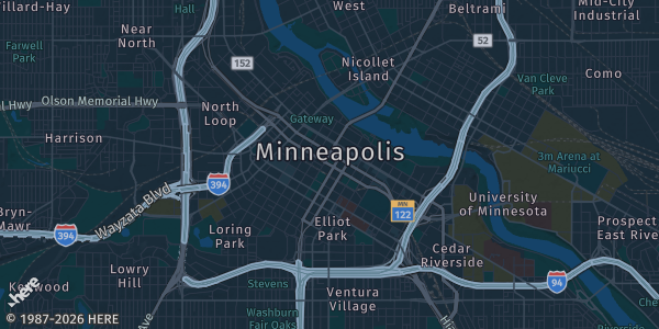 Map of Minneapolis, MN. The exact address of AniMinneapolis is not known, so the map shows the area rather than a specific building.