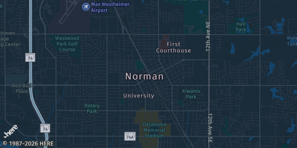 Map of Norman, OK. The exact address of Embassy Suites by Hilton Norman Hotel & Conference Center is not known, so the map shows the area rather than a specific building.