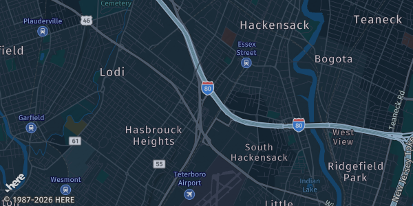 Map of Hasbrouck Heights, NJ. The exact address of Hilton Hasbrouck Heights is not known, so the map shows the area rather than a specific building.