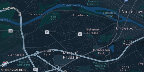 Map of King of Prussia, PA. The exact address of The Alloy King of Prussia Hotel is not known, so the map shows the area rather than a specific building.