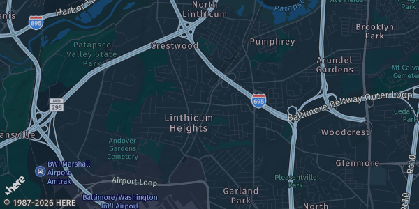 Map of Linthicum Heights, MD. The exact address of BWI Airport Marriott is not known, so the map shows the area rather than a specific building.