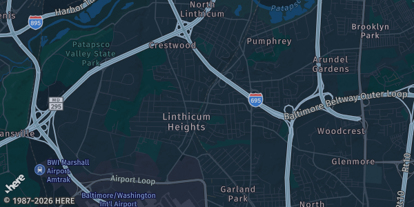 Map of Linthicum Heights, MD. The exact address of BWI Airport Marriott is not known, so the map shows the area rather than a specific building.