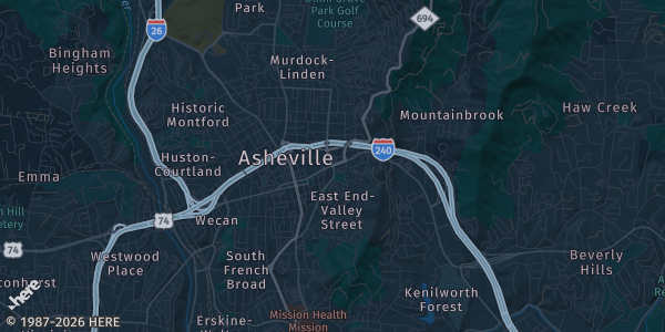 Map of Asheville, NC. The exact address of Holiday Inn Asheville - Biltmore West is not known, so the map shows the area rather than a specific building.