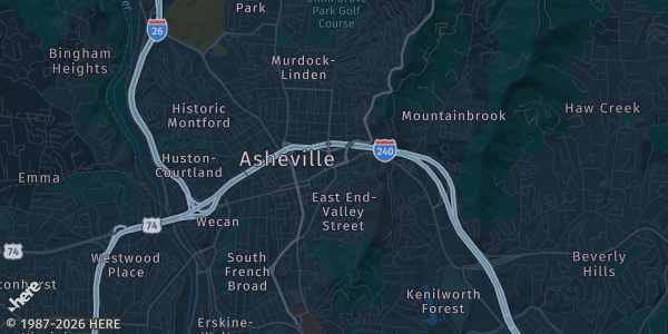 Map of Asheville, NC. The exact address of Asheville Mall is not known, so the map shows the area rather than a specific building.