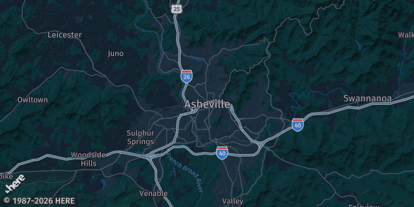 Map of Asheville, NC. The exact address of this venue is not known, so the map shows the area rather than a specific building.