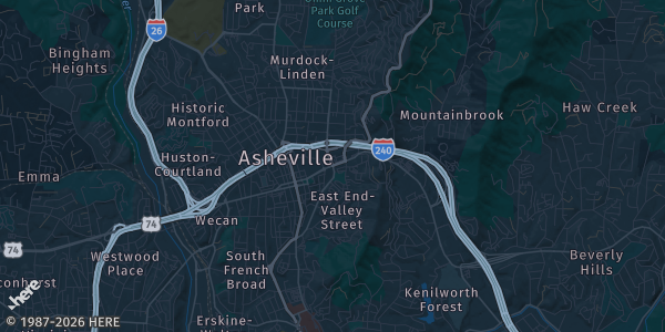Map of Asheville, NC. The exact address of Asheville Outlet Mall is not known, so the map shows the area rather than a specific building.