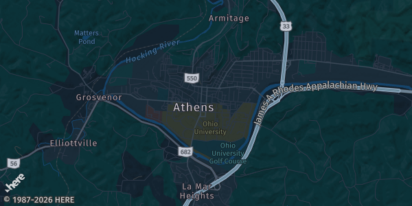 Map of Athens, OH. The exact address of American Legion Hall is not known, so the map shows the area rather than a specific building.