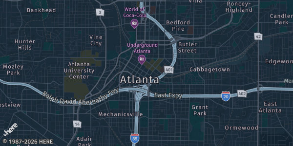 Map of Atlanta, GA. The exact address of Atlanta Comic Convention is not known, so the map shows the area rather than a specific building.