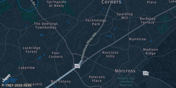 Map of Peachtree Corners, GA. The exact address of Hilton Atlanta Northeast is not known, so the map shows the area rather than a specific building.